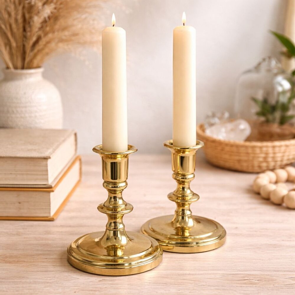 Vintage Brass Candle Holders Pair 5" Tall Elegant Traditional Design Sturdy Base